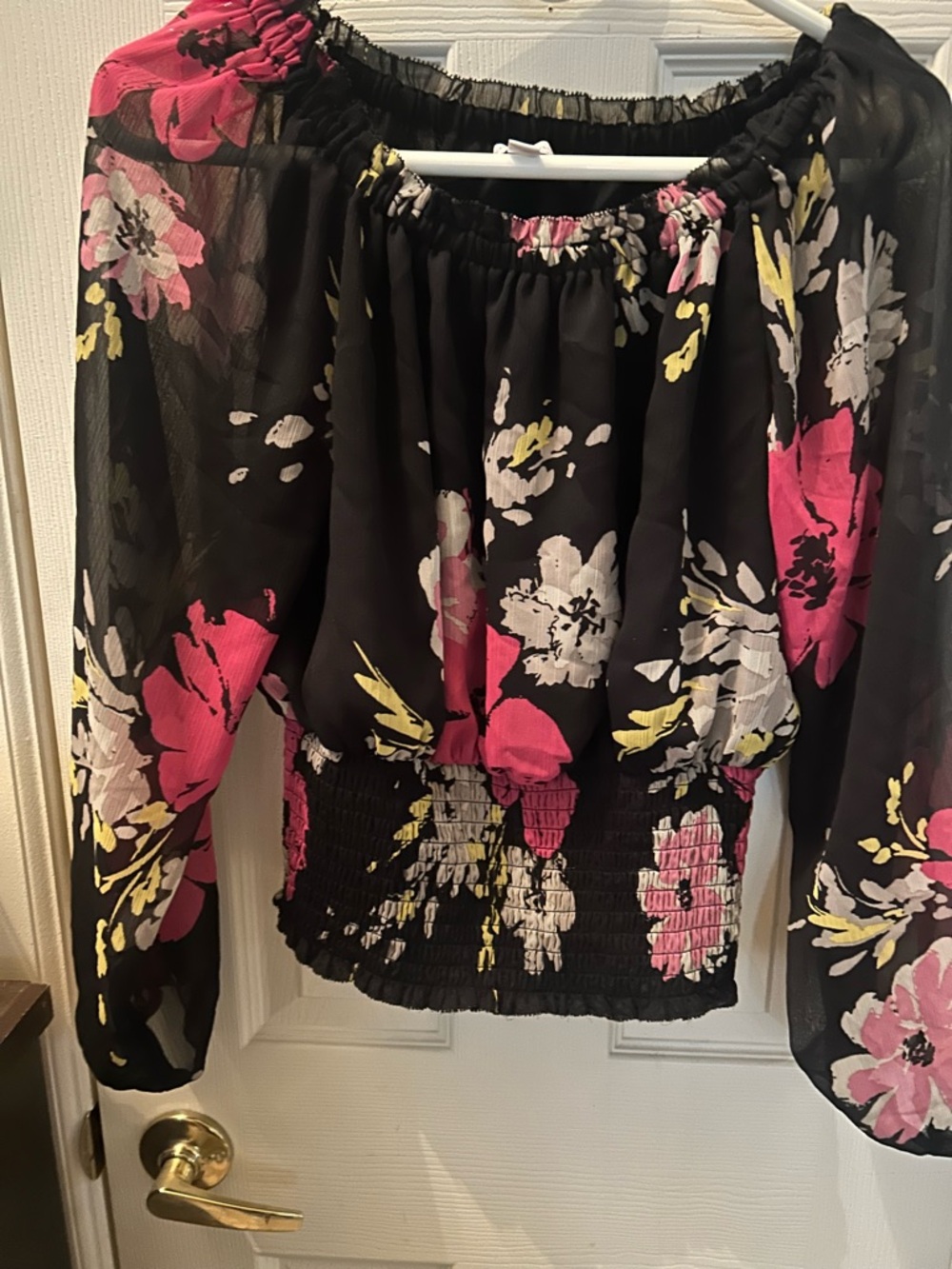 Charter Club Black Sheer Floral Off-Shoulder Blouse with elastic Waist, size 6.